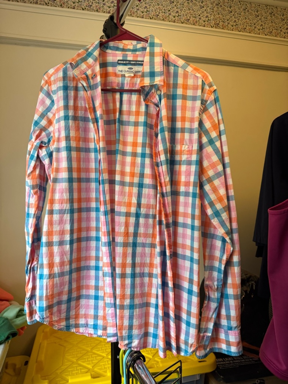 Old Navy Pink, Blue, Coral and White Plaid Button-Up